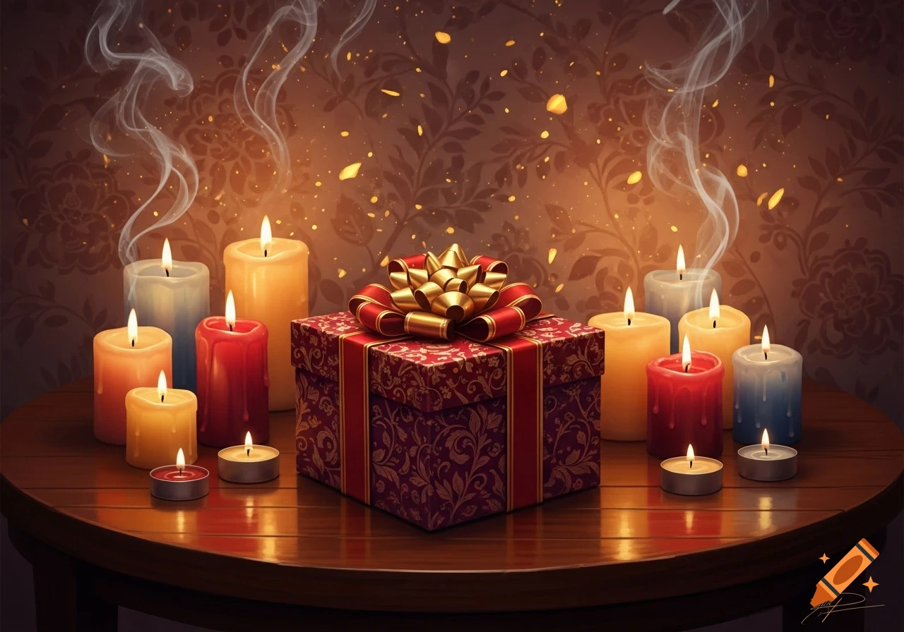 A red gift box with a gold bow is centered on a wooden table, surrounded by lit colorful candles in a warm, festive setting.