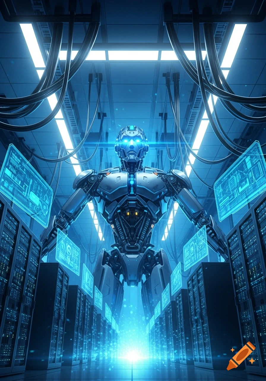 A powerful robotic figure stands in a futuristic, neon-blue data center, surrounded by holographic screens displaying data in a digital art style.