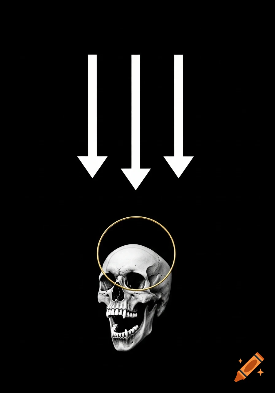 A black and white image of a screaming skull with a golden halo and three white arrows pointing down from above.