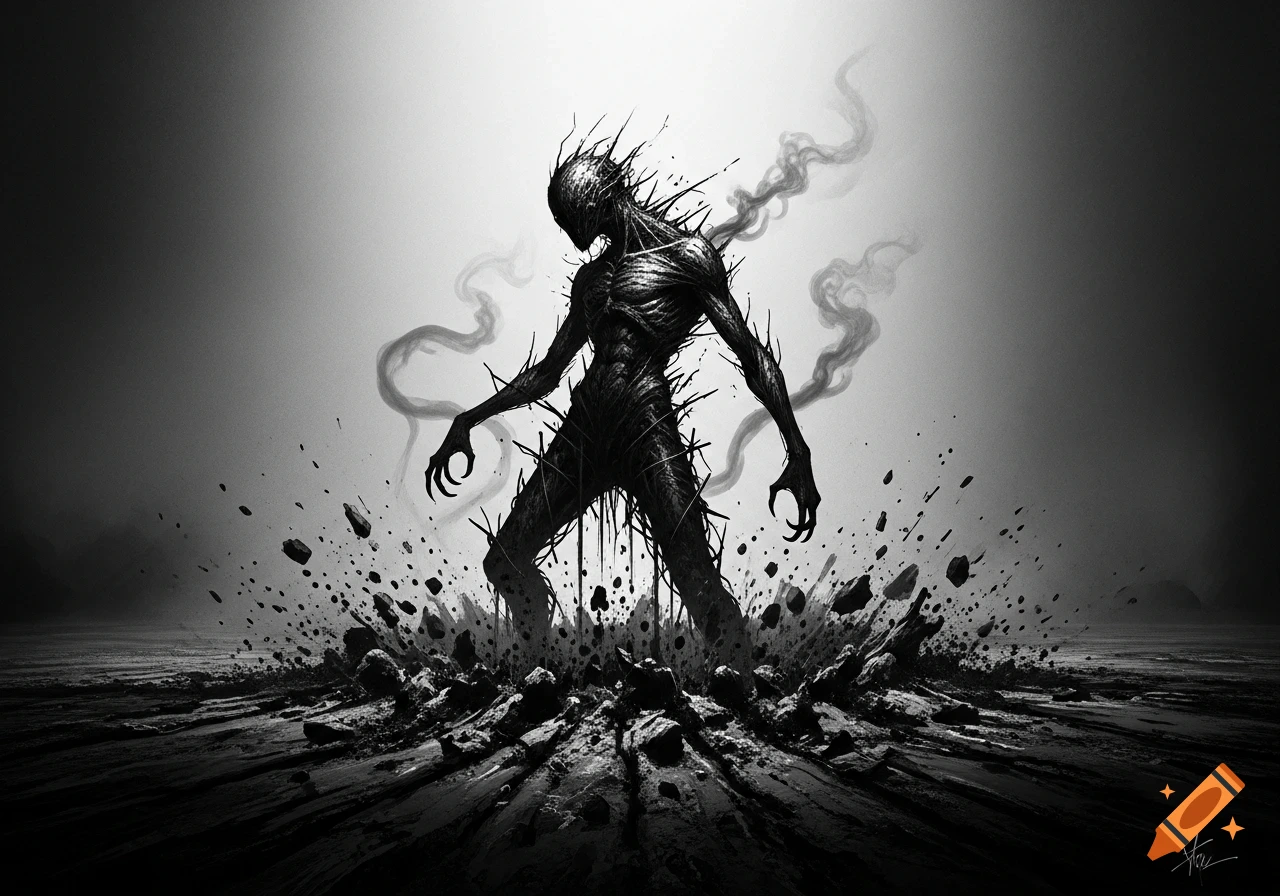 Dark, spiky creature with claws emerges from broken ground amidst smoky tendrils, in a gritty black and white style.