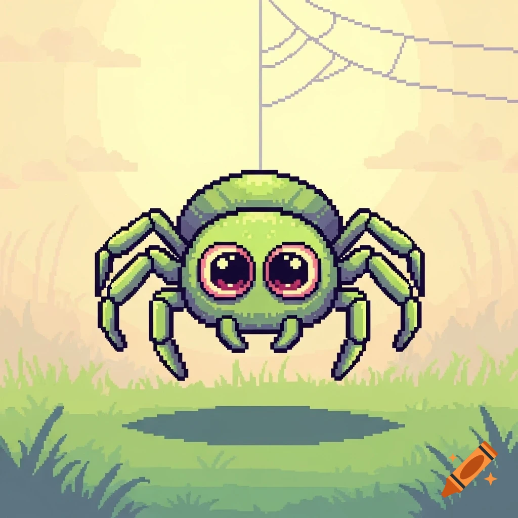 A cute green pixel art spider with large red eyes hangs from a web above grassy ground under a sunny sky.