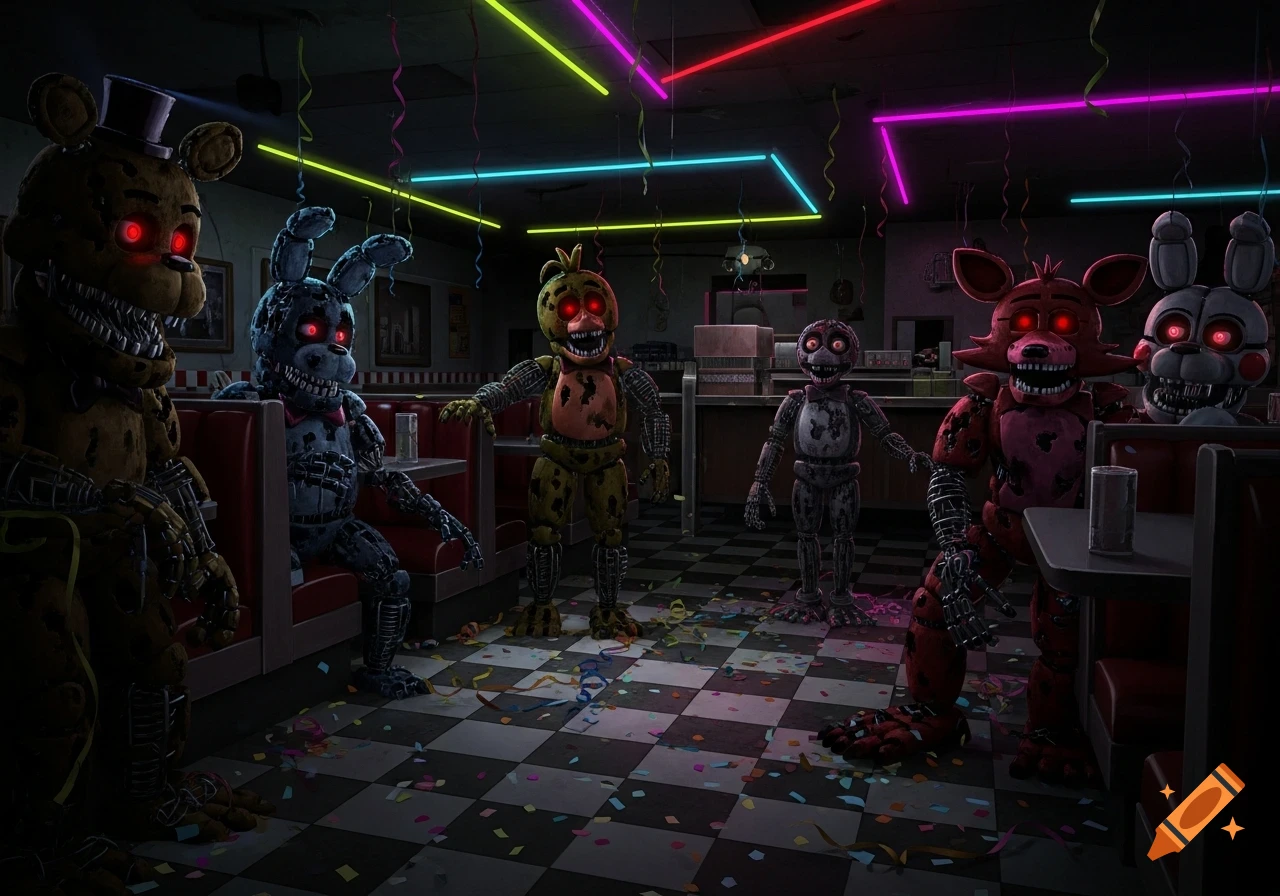 Creepy animatronics with red eyes stand in a dark, neon-lit diner with confetti on the checkered floor, in a horror game style.