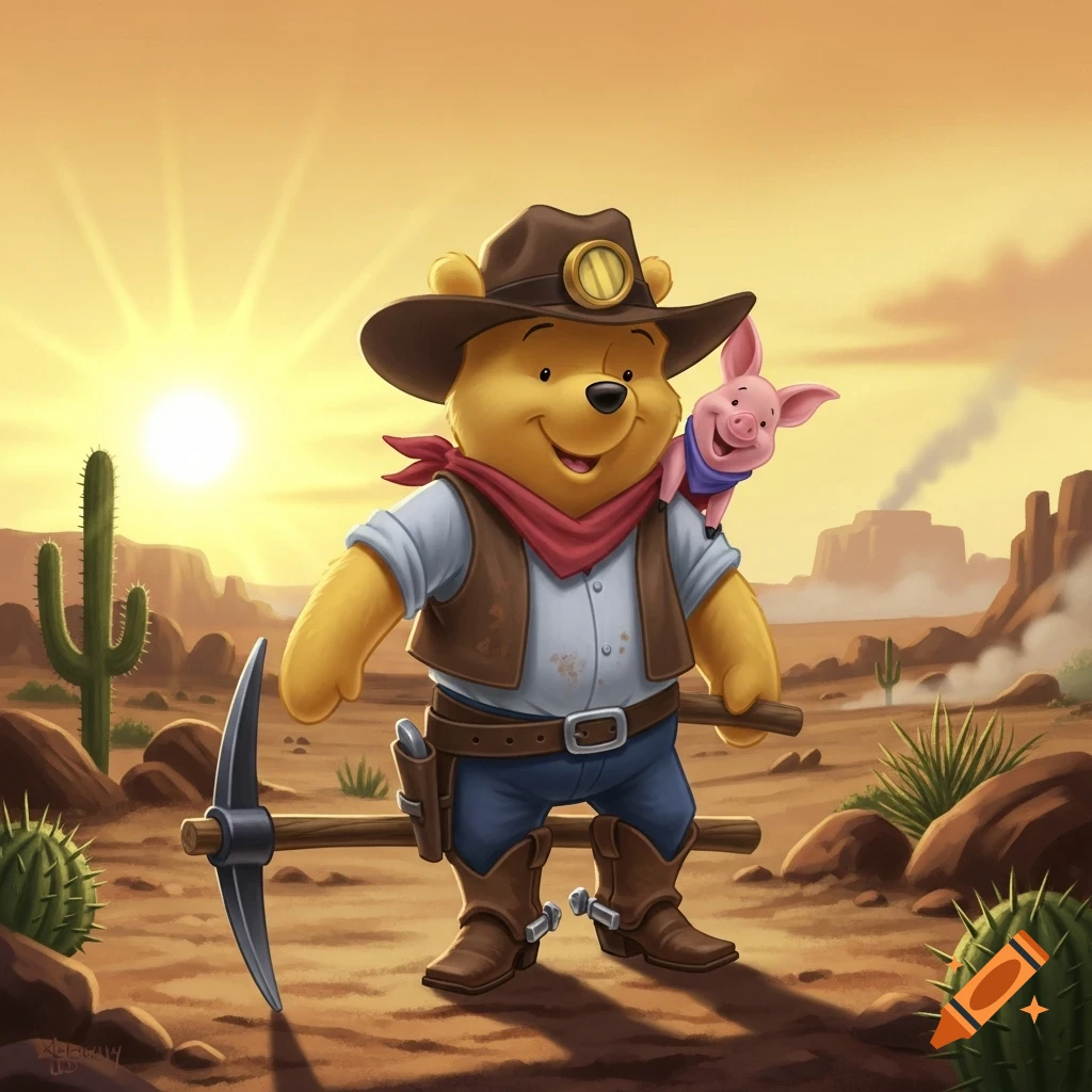 Winnie the Pooh in Wild West attire holding a pickaxe, with Piglet on his shoulder, in a desert landscape.