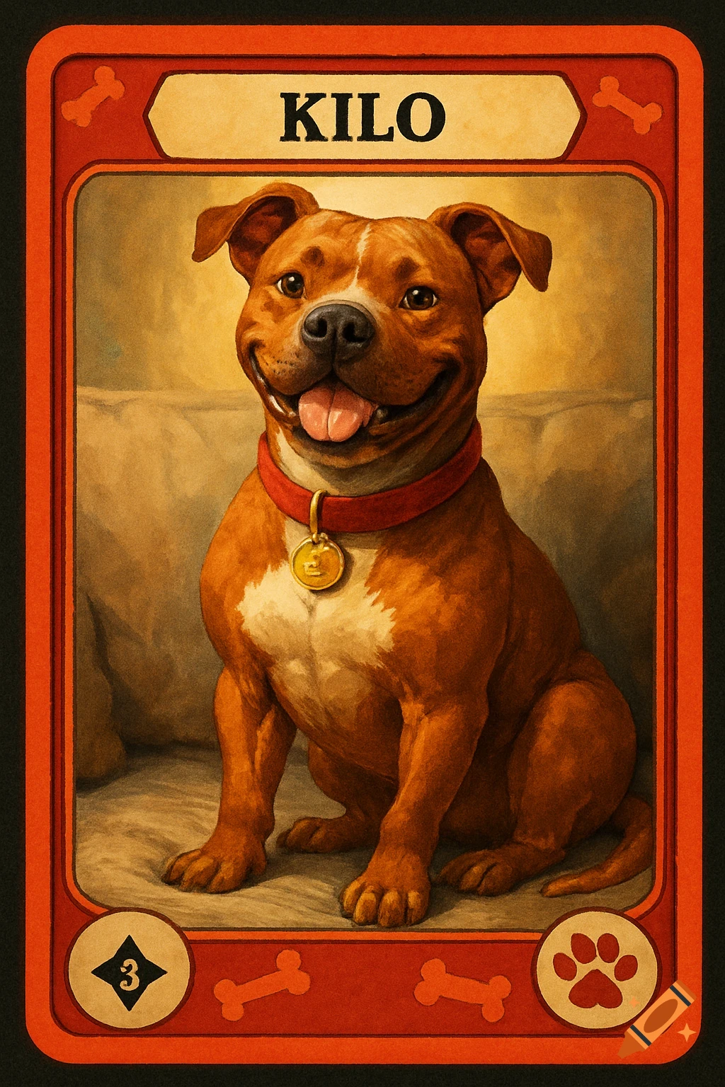 A brown and white pit bull dog with a red collar and golden tag, smiling, on a trading card with a red border. The card has "KILO" at the top and a "3" and paw print at the bottom.