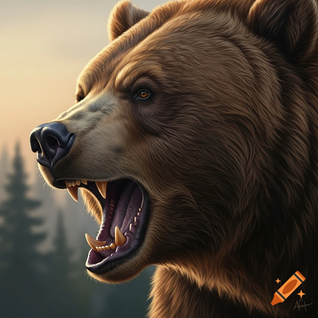 Close-up, photorealistic portrait of a brown bear roaring, mouth open revealing teeth, against a blurred forest background at sunset.