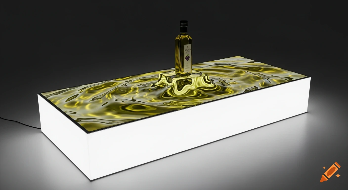 A bottle of grape seed oil stands on a luminous display box with a golden-green rippling liquid surface, in a modern showroom.