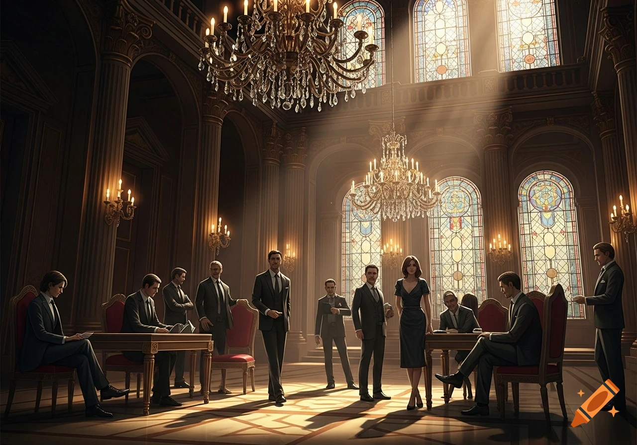 Formally dressed individuals gather in an opulent, sunlit hall featuring chandeliers, ornate pillars, and stained glass windows.