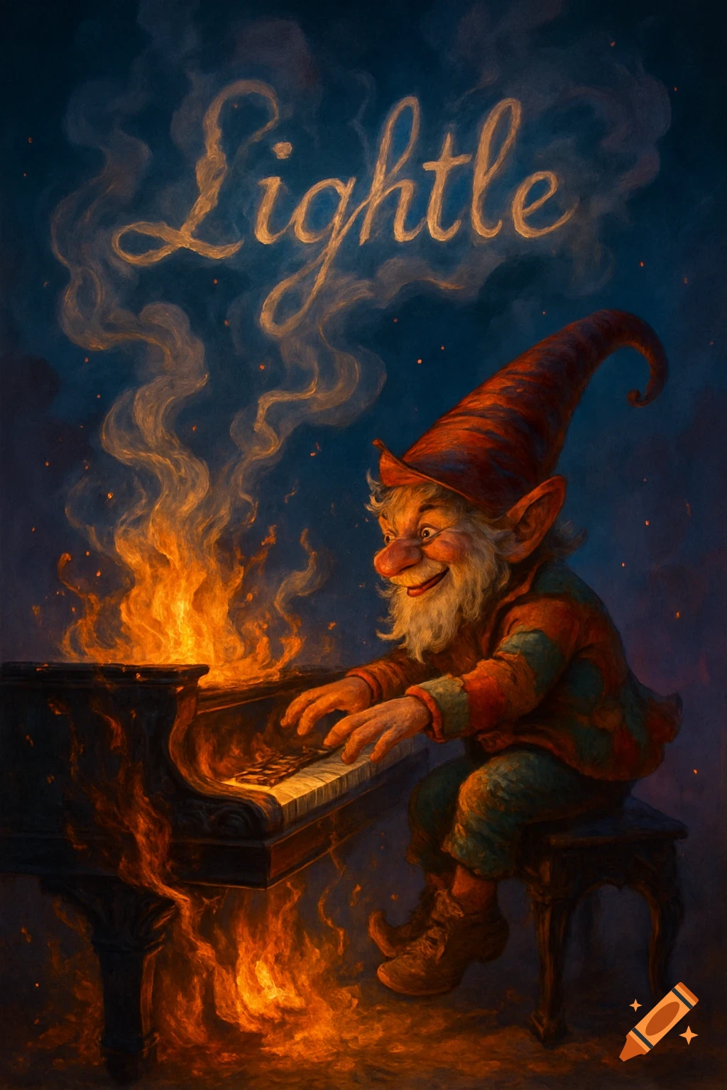 A smiling gnome in a red hat plays a flaming piano, with the word 'Lightle' written in golden smoke above.