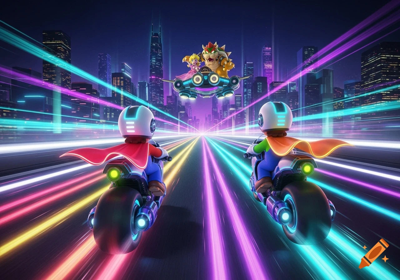 Mario and Luigi on futuristic motorcycles race through a neon cyberpunk city, chasing Bowser and Peach in a flying vehicle.