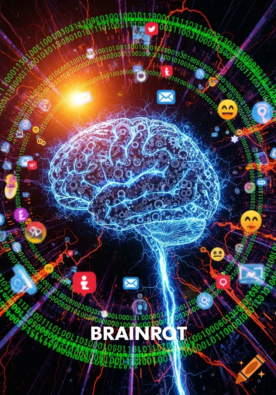 A glowing blue brain made of gears and circuits amidst binary code, electrical lines, and social media icons, with 'BRAINROT' text.