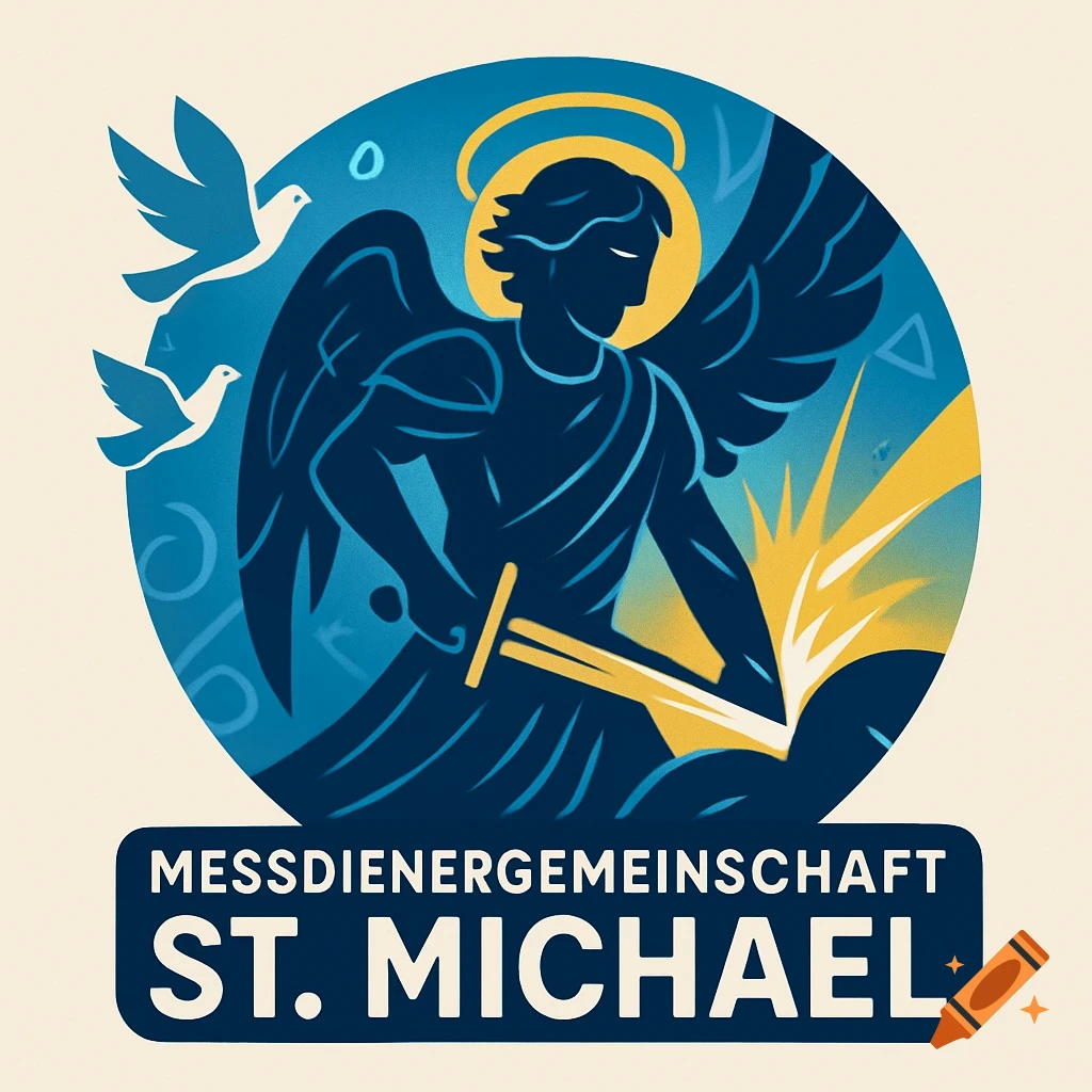 Stylized logo of a blue angel with a sword and halo, two white doves, and the text 'MESSDIENERGEMEINSCHAFT ST. MICHAEL'.