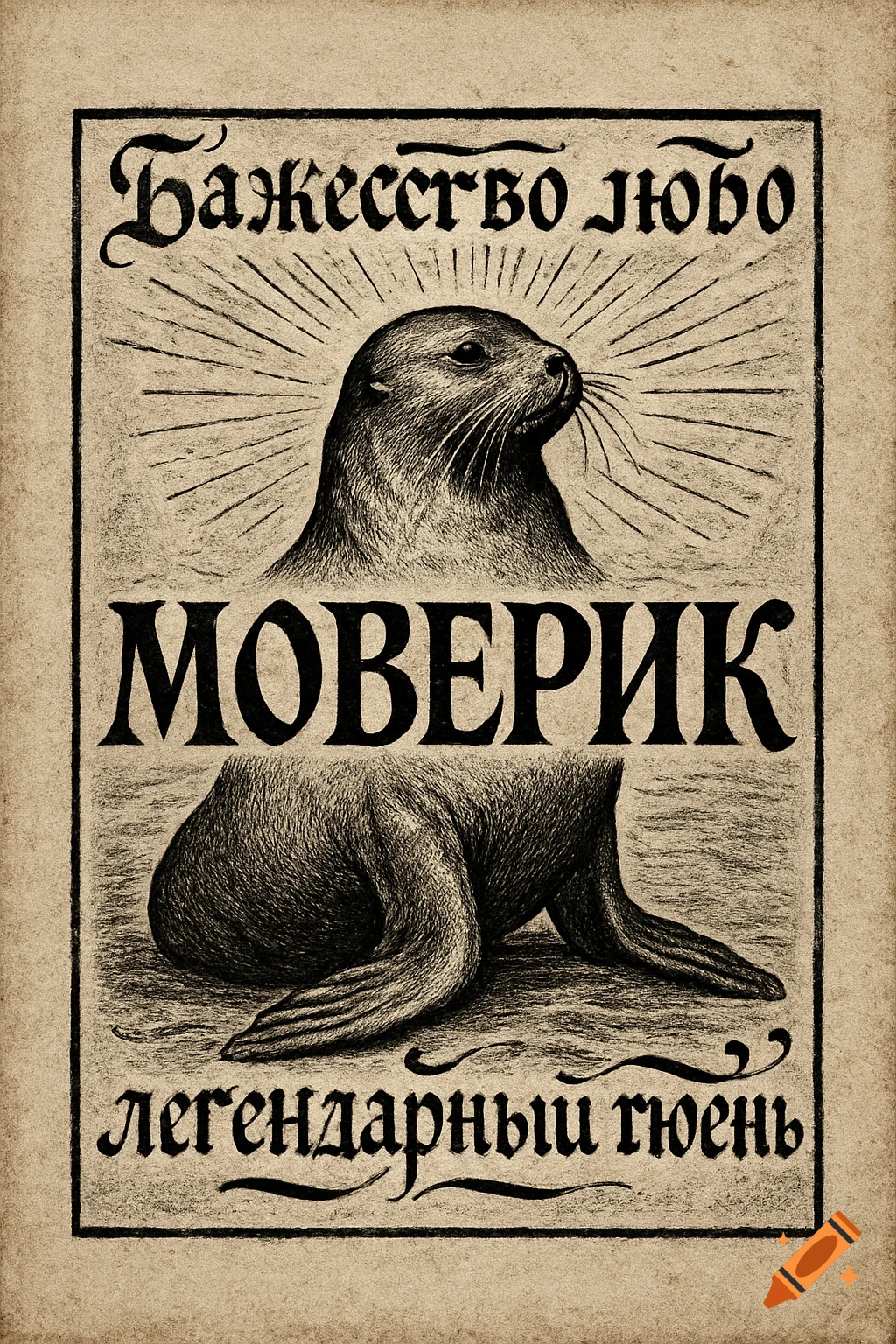 An old-style ink print features a seal against a light background, with Russian text inscriptions above, below, and across its body.