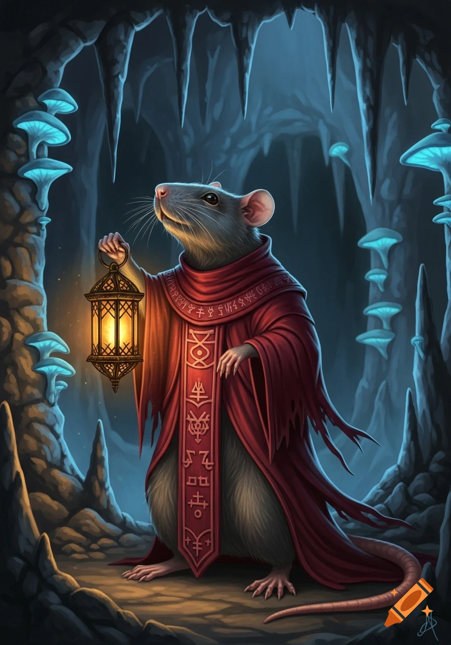 A gray rat in a red cultist robe holding a glowing lantern stands in a dark cave with blue bioluminescent mushrooms. Digital art.