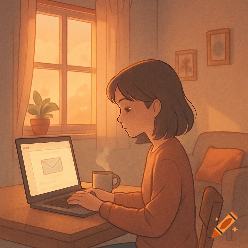 Stylized illustration of a girl working on a laptop in a cozy room at sunset, viewing an email.