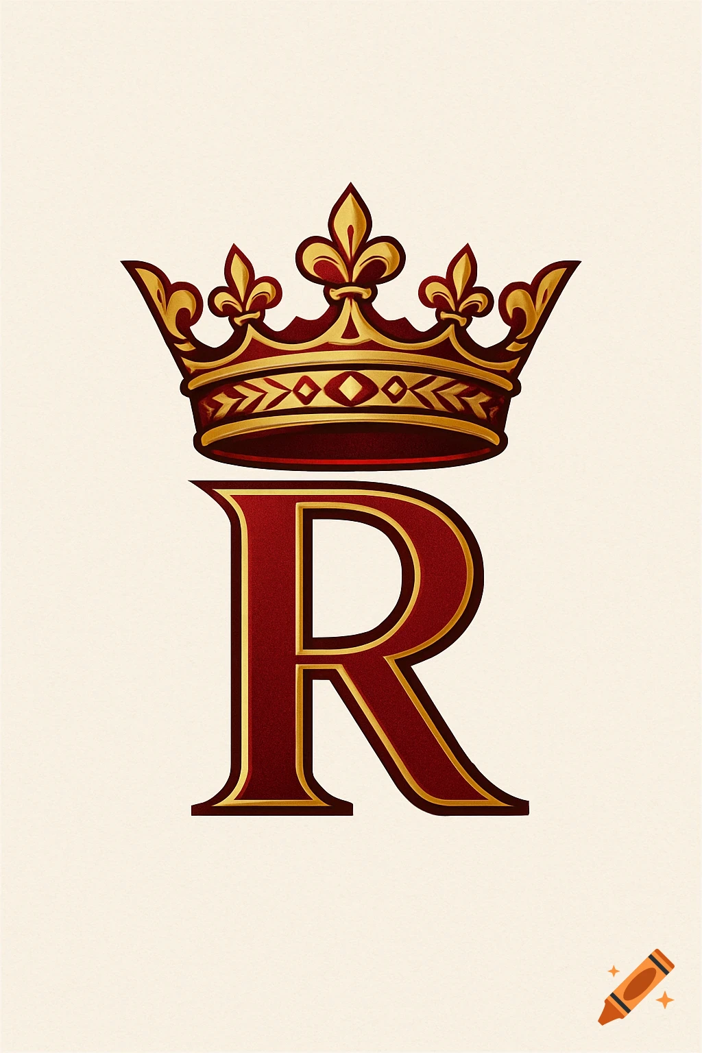 A regal logo featuring a gold and deep red crown adorned with fleur-de-lis, placed above an ornate capital letter 'R' on a cream background.