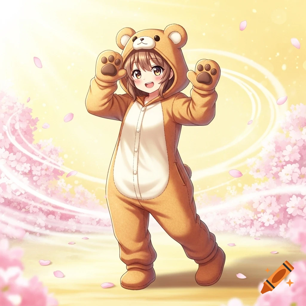 Cute anime girl in a brown bear onesie, standing with arms raised, surrounded by pink cherry blossoms.