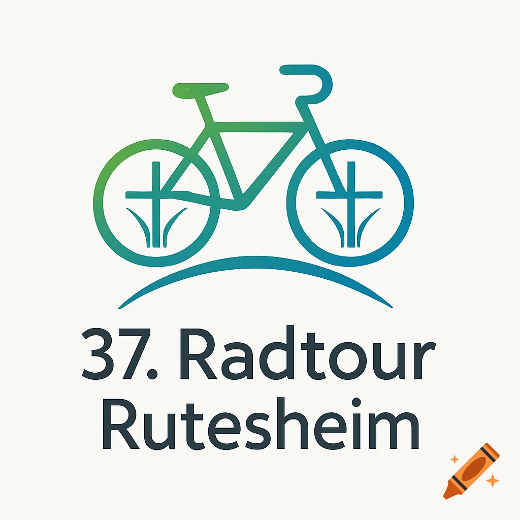 Logo for '37. Radtour Rutesheim' featuring a green and blue bicycle with cross-shaped spokes above a blue arch.