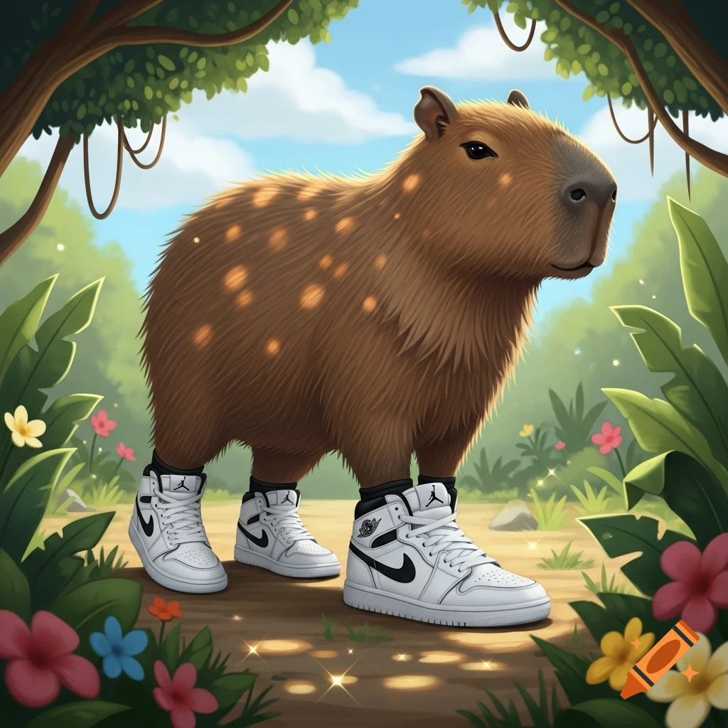 A cartoon capybara wears white and black Jordan sneakers in a vibrant jungle with trees and flowers.