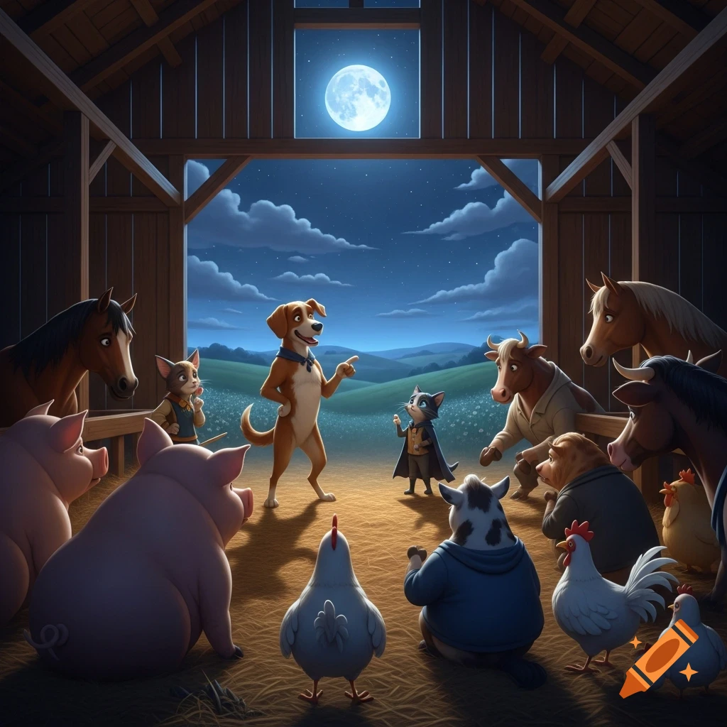 Cartoon anthropomorphic farm animals listen to a dog and cat speak in a barn at night under a full moon.