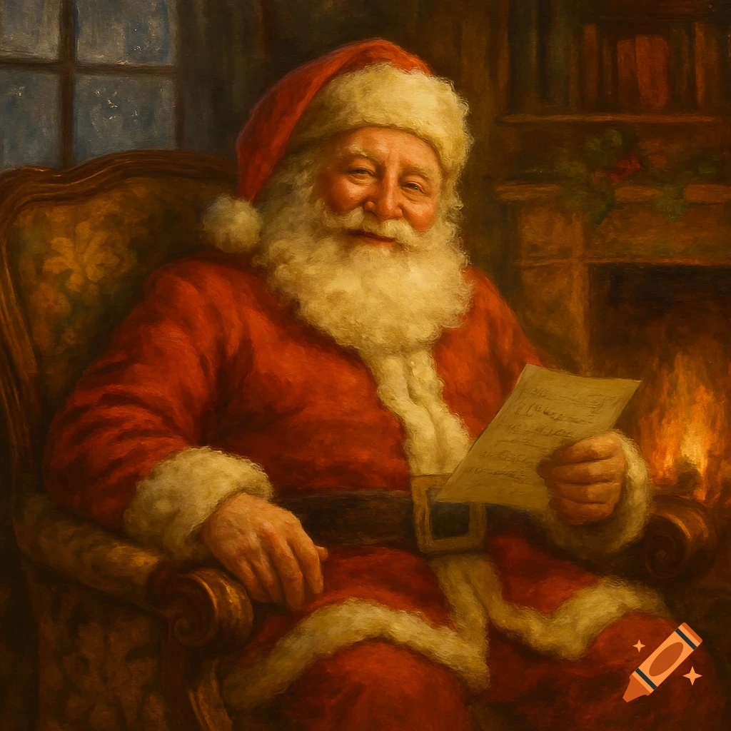 Oil painting of a smiling Santa Claus in a red suit and hat, sitting by a fireplace and reading a letter.