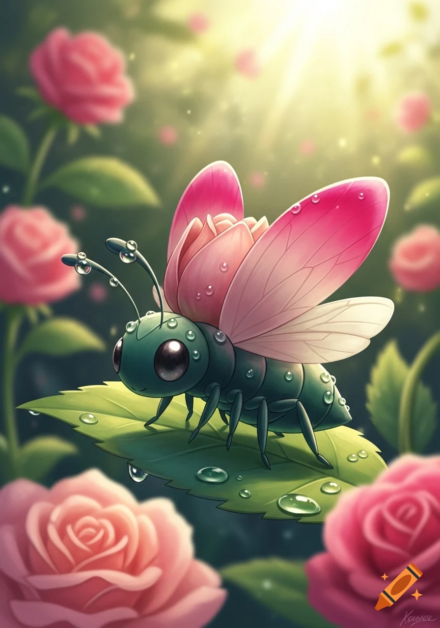 A cute, stylized green insect-like creature with pink rose petal wings and water droplets sits on a leaf among pink roses, bathed in soft sunlight.