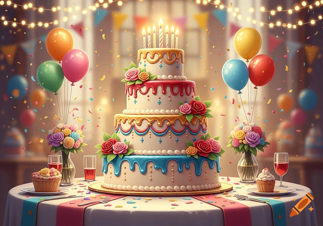 A festive tiered birthday cake with lit candles, colorful frosting, and roses, surrounded by balloons, confetti, cupcakes, and drinks on a white table.