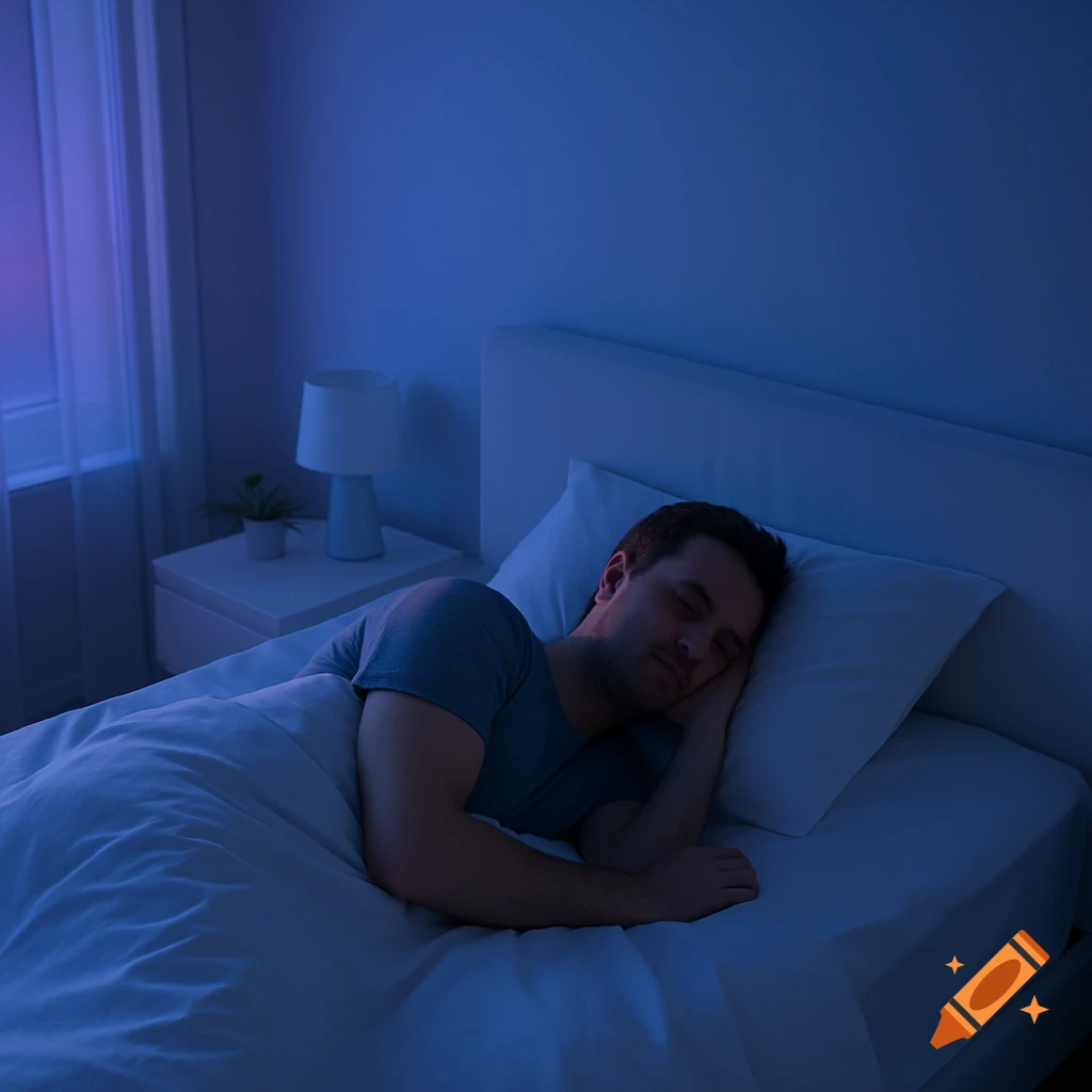 A man sleeps peacefully on his side in a modern bedroom at night, illuminated by soft blue and purple ambient light from a window.