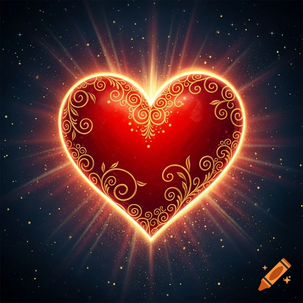 A glowing, ornate red heart with gold filigree patterns, surrounded by light rays and golden specks on a dark background.