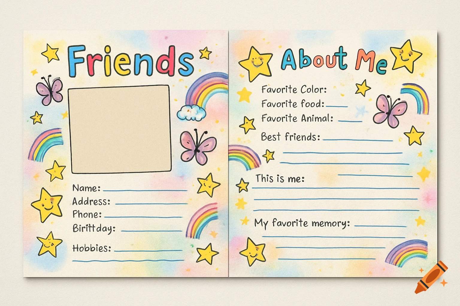 Two colorful friends book pages with rainbow, star, and butterfly doodles. The left page has fields for 'Name', 'Address', 'Phone', 'Birttday', 'Hobbies', and a photo box. The right page has fields for 'Favorite Color', 'Favorite food', 'Favorite Animal', 'Best friends', 'This is me', and 'My favorite memory'.