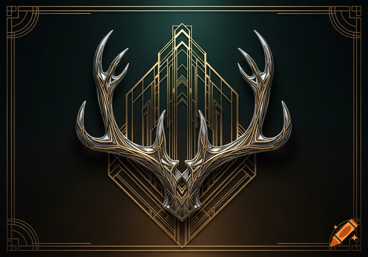 Stylized silver and gold art deco antler with geometric patterns on a dark green and gold background.