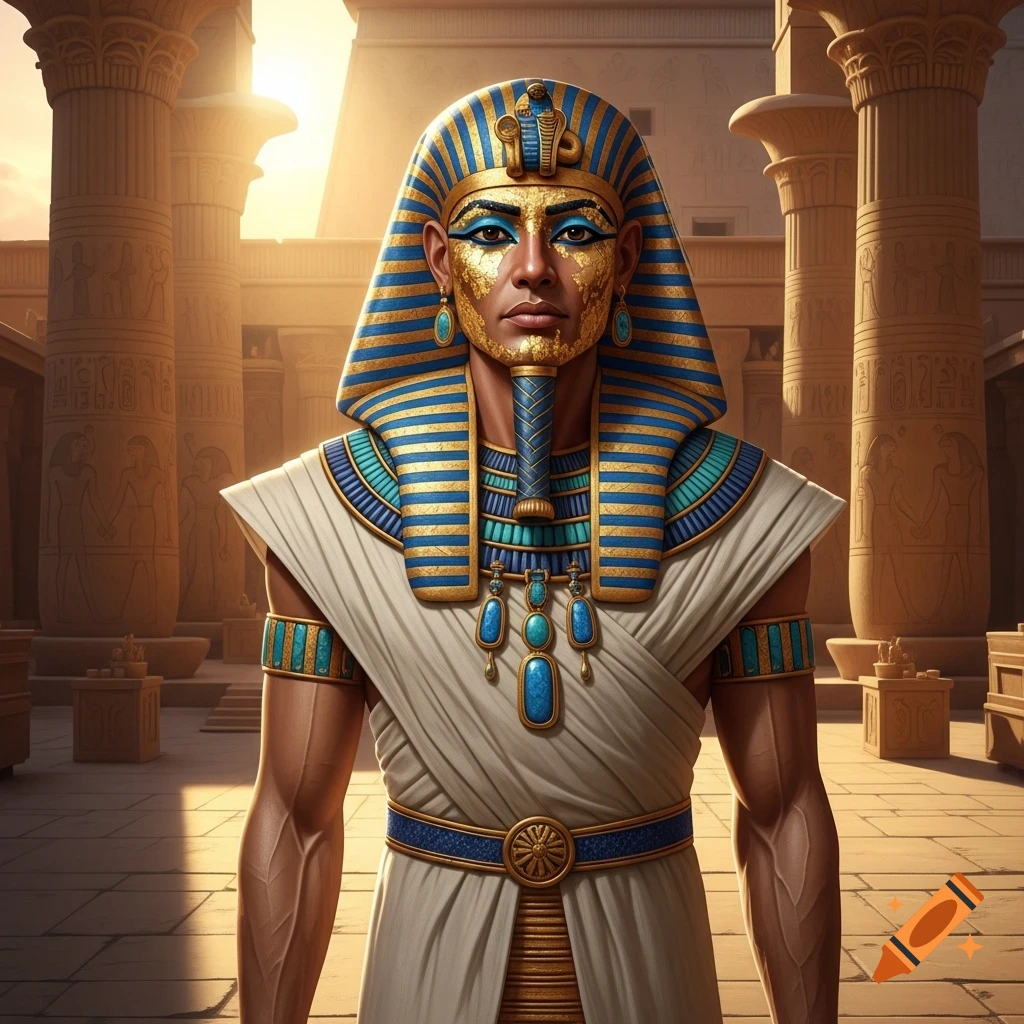 A photorealistic portrait of an ancient Egyptian man with gold and blue makeup, wearing a striped nemes headdress and white robe, standing in a sunlit temple.