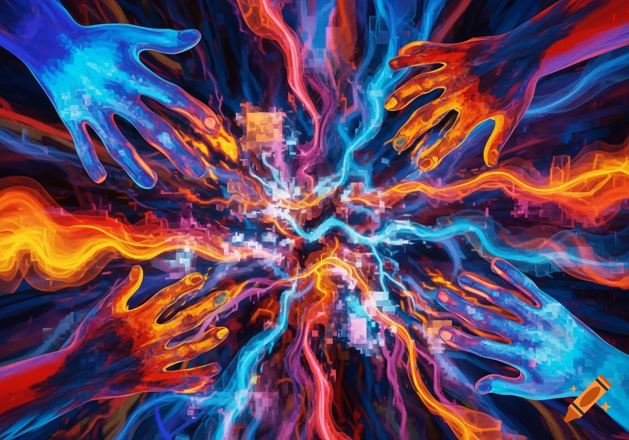 Four abstract, glowing blue and orange hands reach towards a central burst of colorful digital energy.