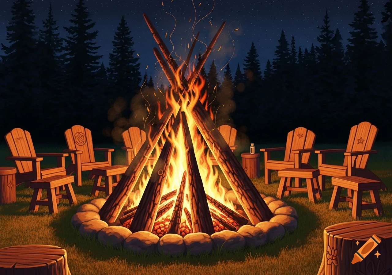 Illustration of a large roaring campfire surrounded by wooden chairs in a forest at night under a starry sky.
