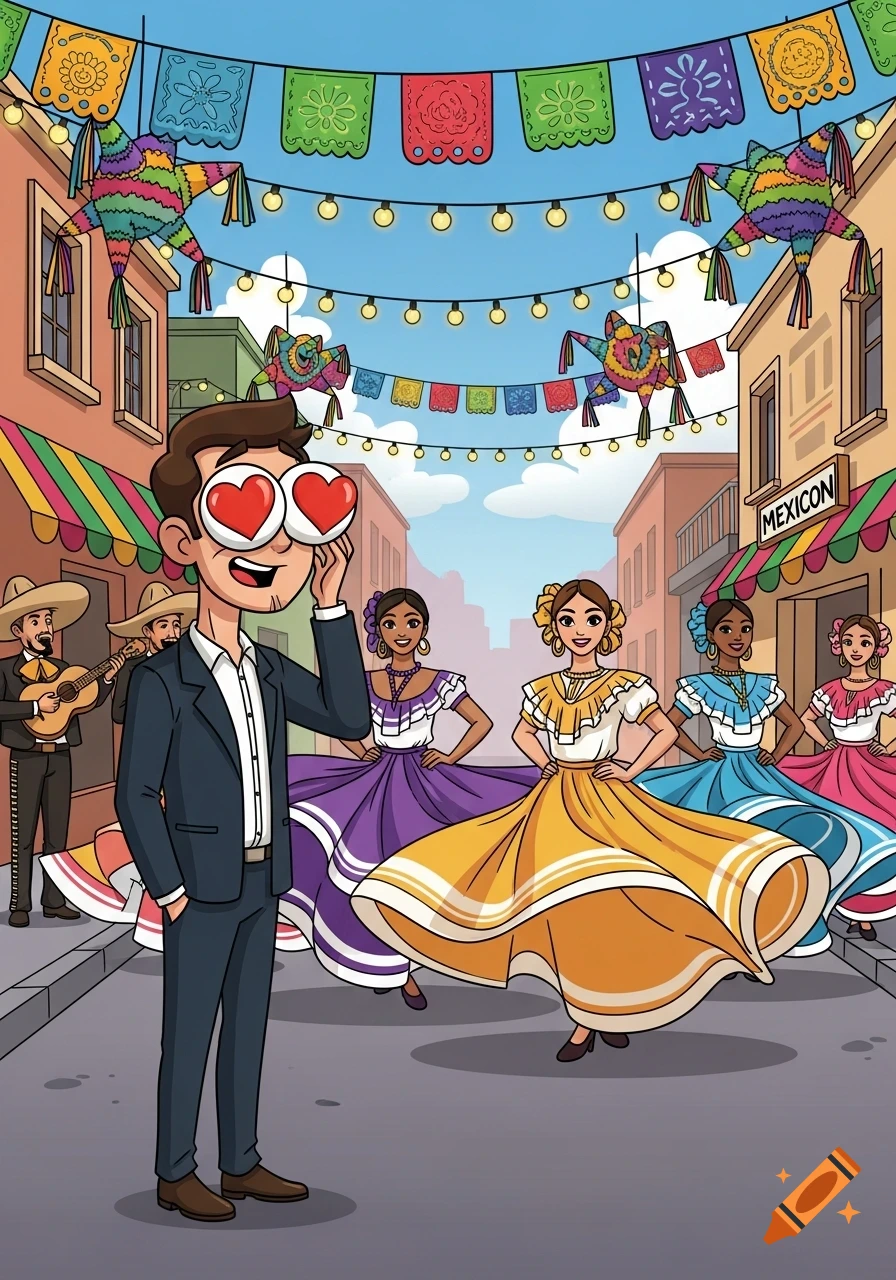 A cartoon man with heart eyes observes several women in vibrant traditional Mexican dresses dancing in a festive street scene with piñatas and papel picado.