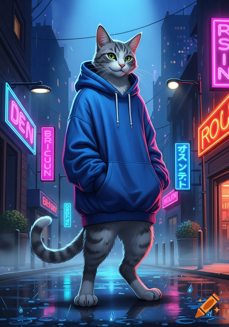 An anthropomorphic gray tabby cat wearing a blue hoodie walks down a neon-lit city street at night, with reflections on the wet ground.