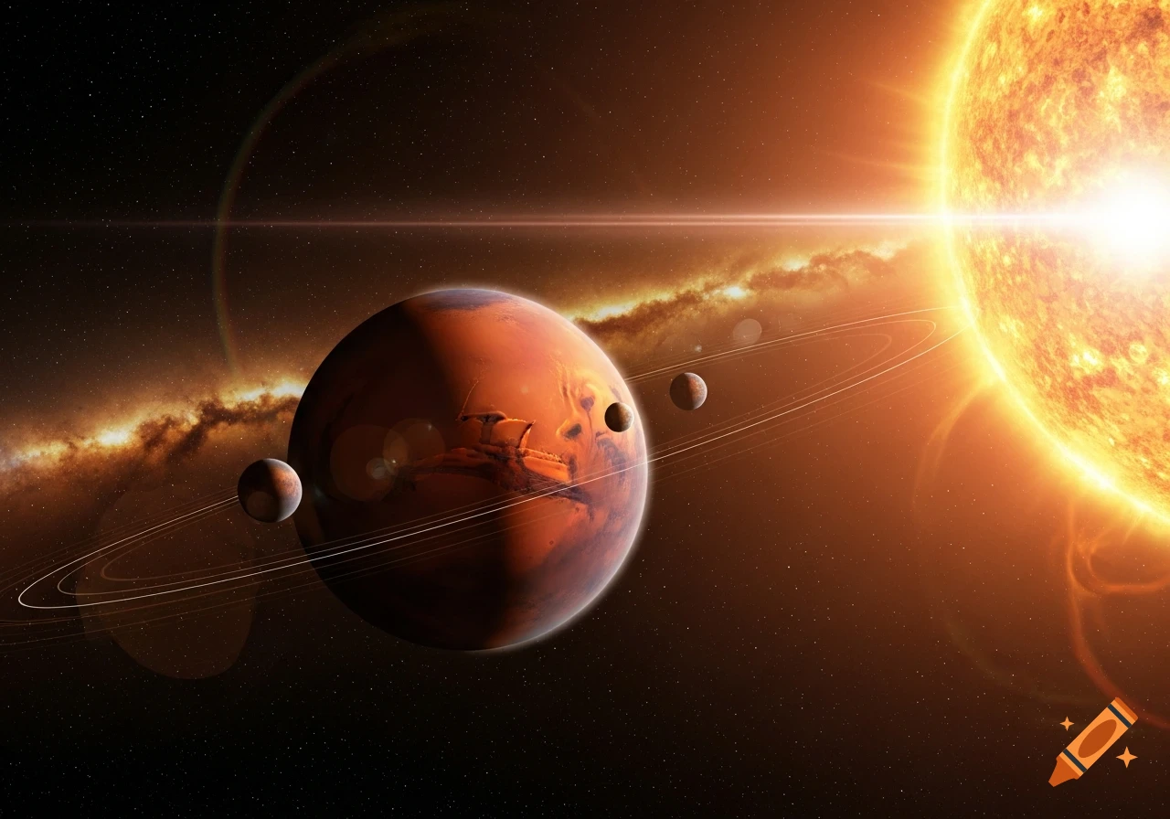A red planet with rings and two moons orbits a brilliant sun, set against a backdrop of stars and a glowing galaxy.