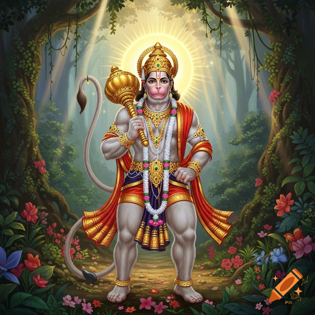 Vibrant spiritual art of Hanuman Ji standing in an enchanted forest, holding a golden mace with rays of sunlight beaming down.