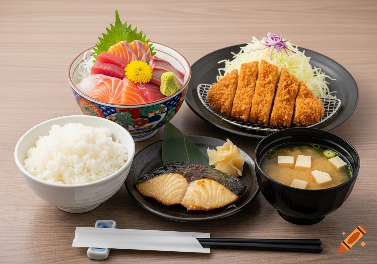 A high-quality photo of a Japanese food set on a wooden table, featuring sashimi donburi, tonkatsu, grilled fish, rice, and miso soup.