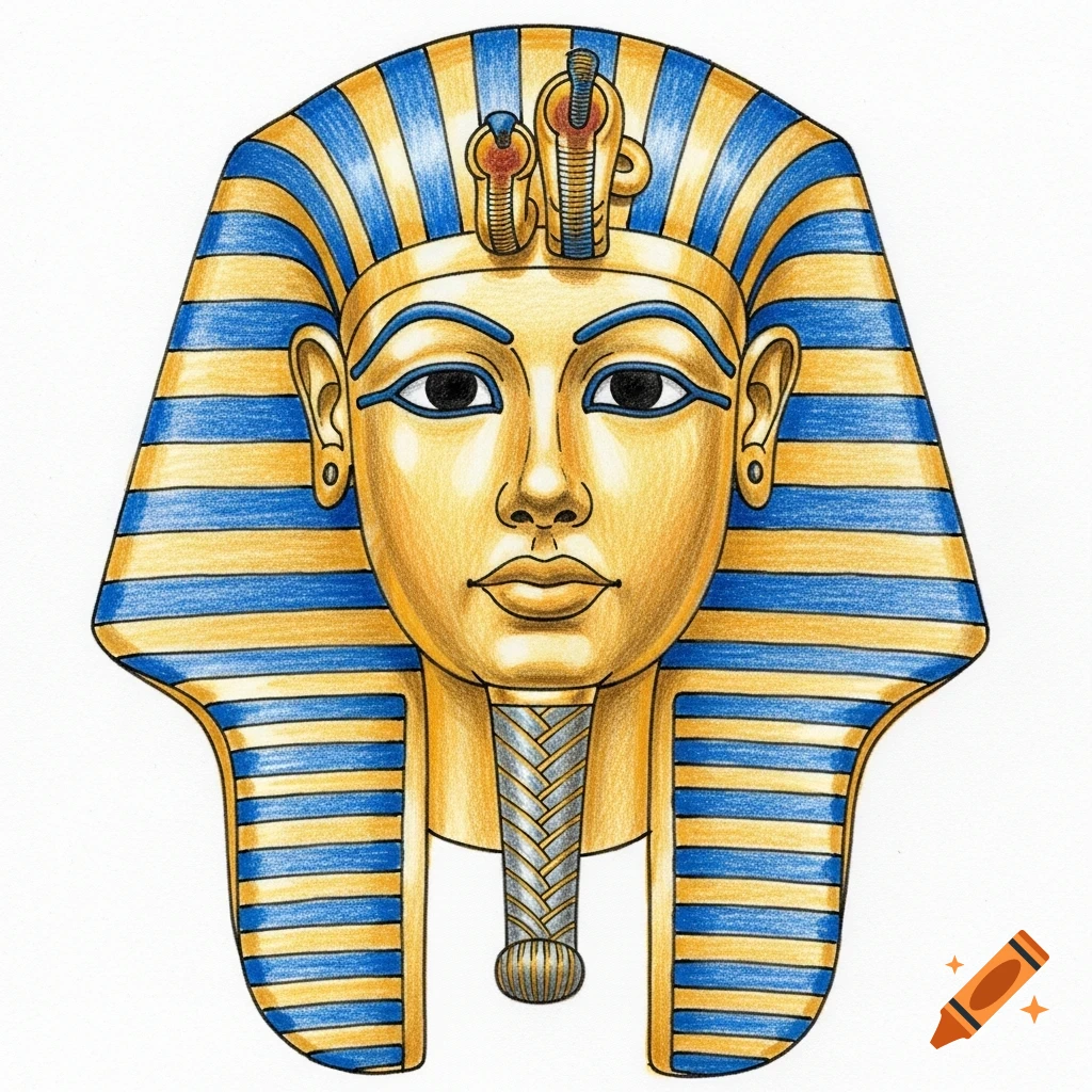A pencil drawing of the Mask of Tutankhamun in a child-like style, with gold and blue stripes.