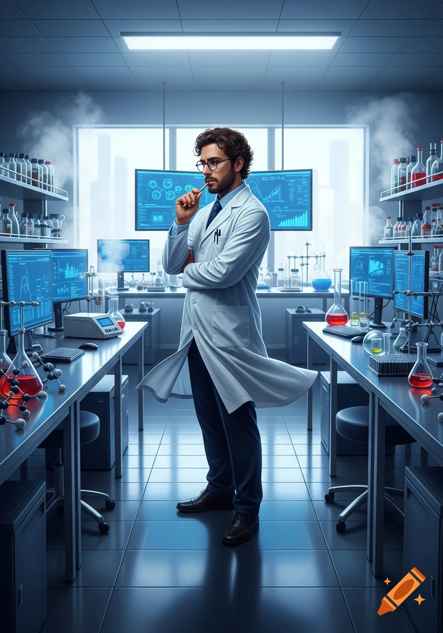 A male scientist with glasses and a lab coat stands thoughtfully in a high-tech laboratory filled with equipment and screens.