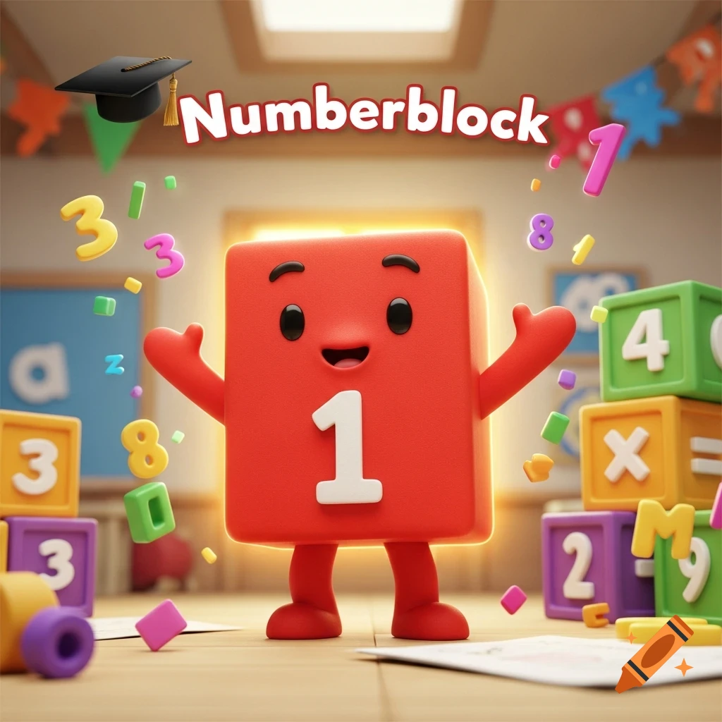 Smiling red Numberblock character with the number 1, standing in a classroom surrounded by colorful number blocks and scattered numbers, with 'Numberblock' text and a graduation cap in the background.
