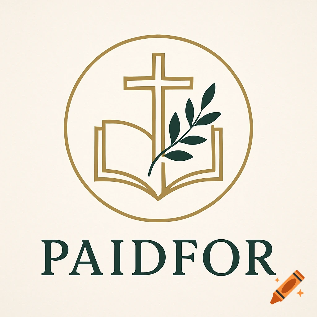 A minimalist Christian logo featuring a cross, an open bible, and an olive branch within a circle, with the text 'PAIDFOR' below.