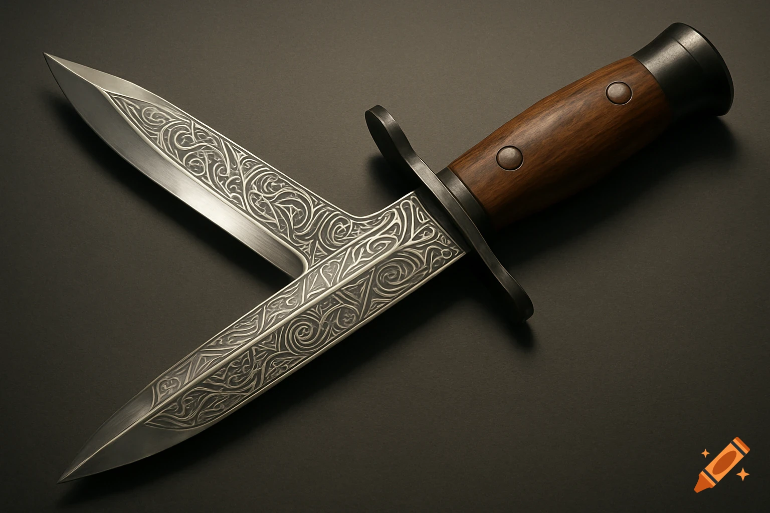A close-up of a silver-bladed knife, possibly a bayonet, with intricate modern engravings and a dark wooden handle, on a dark surface.