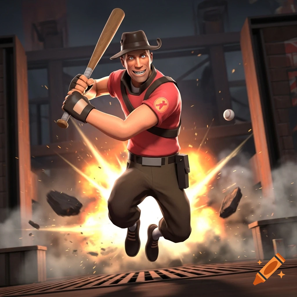 Team Fortress 2 Scout character in a red shirt and hat, jumping with a baseball bat, amidst an explosion.