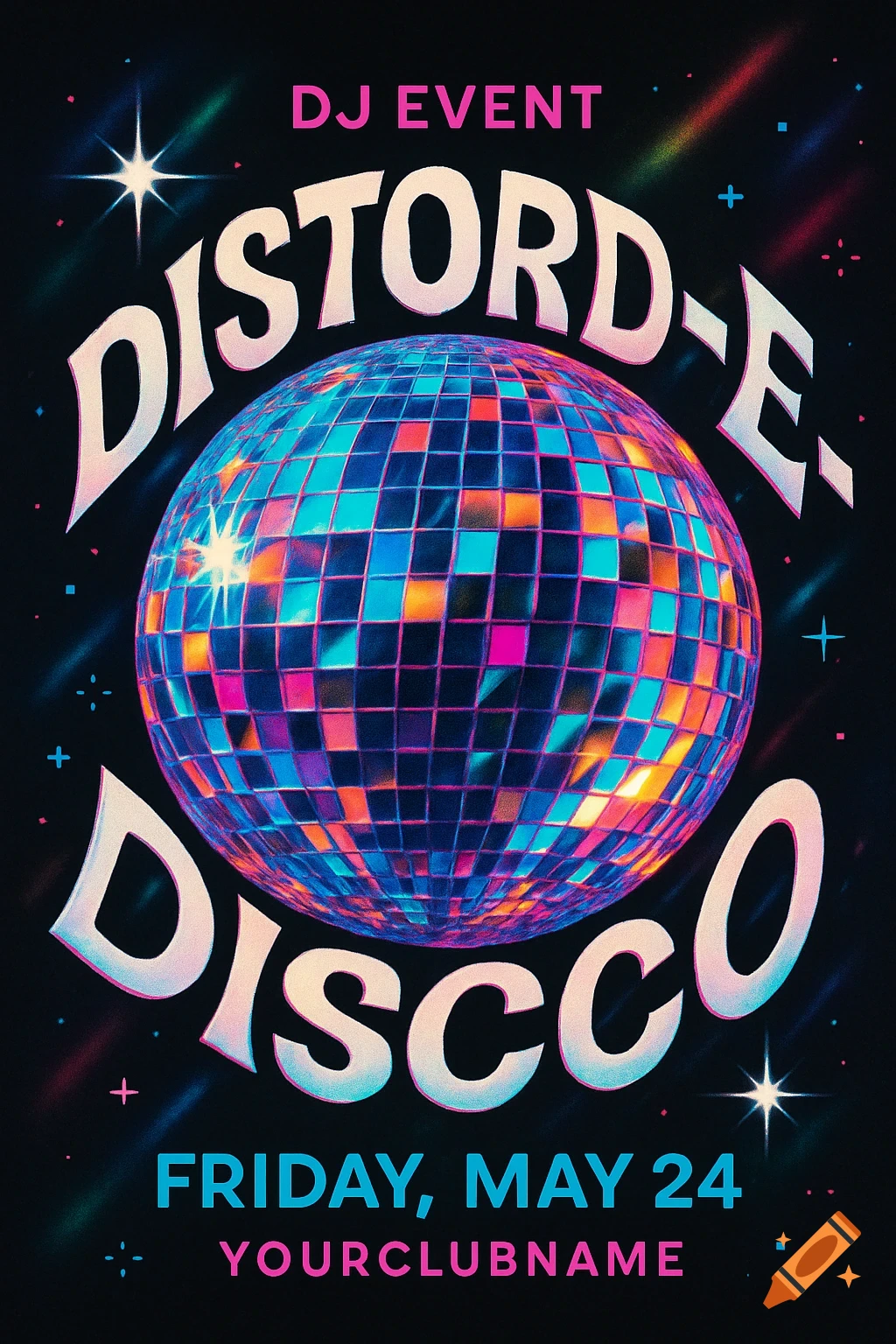 Retro DJ event flyer with a colorful, distorted disco ball and the text 'DISTORD-E-DISCO'.