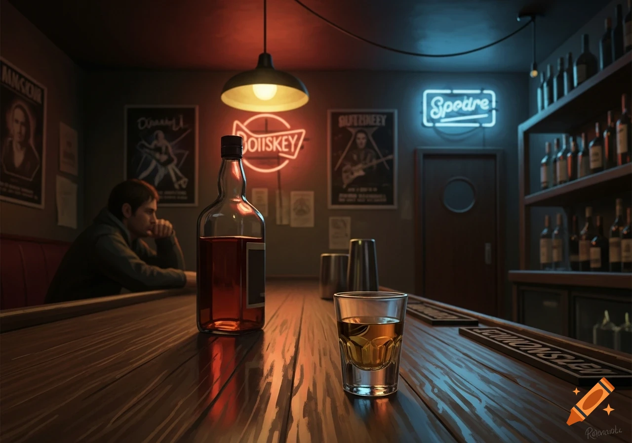 A man sits pensively at a dimly lit dive bar counter, a whiskey bottle and shot glass prominently in the foreground.