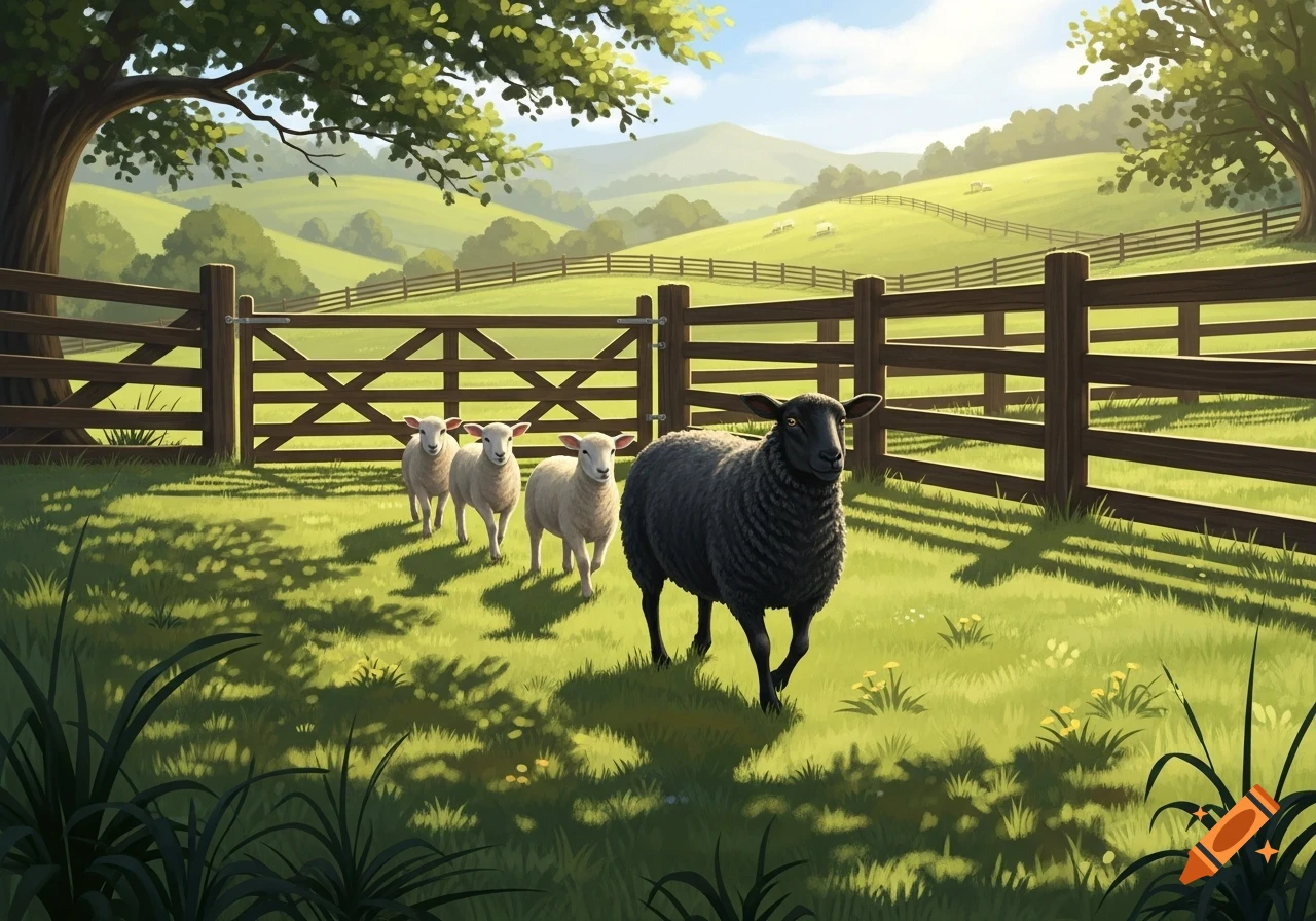 An illustration of a black sheep leading three white sheep from a wooden pen into a sunny, green pasture with rolling hills.