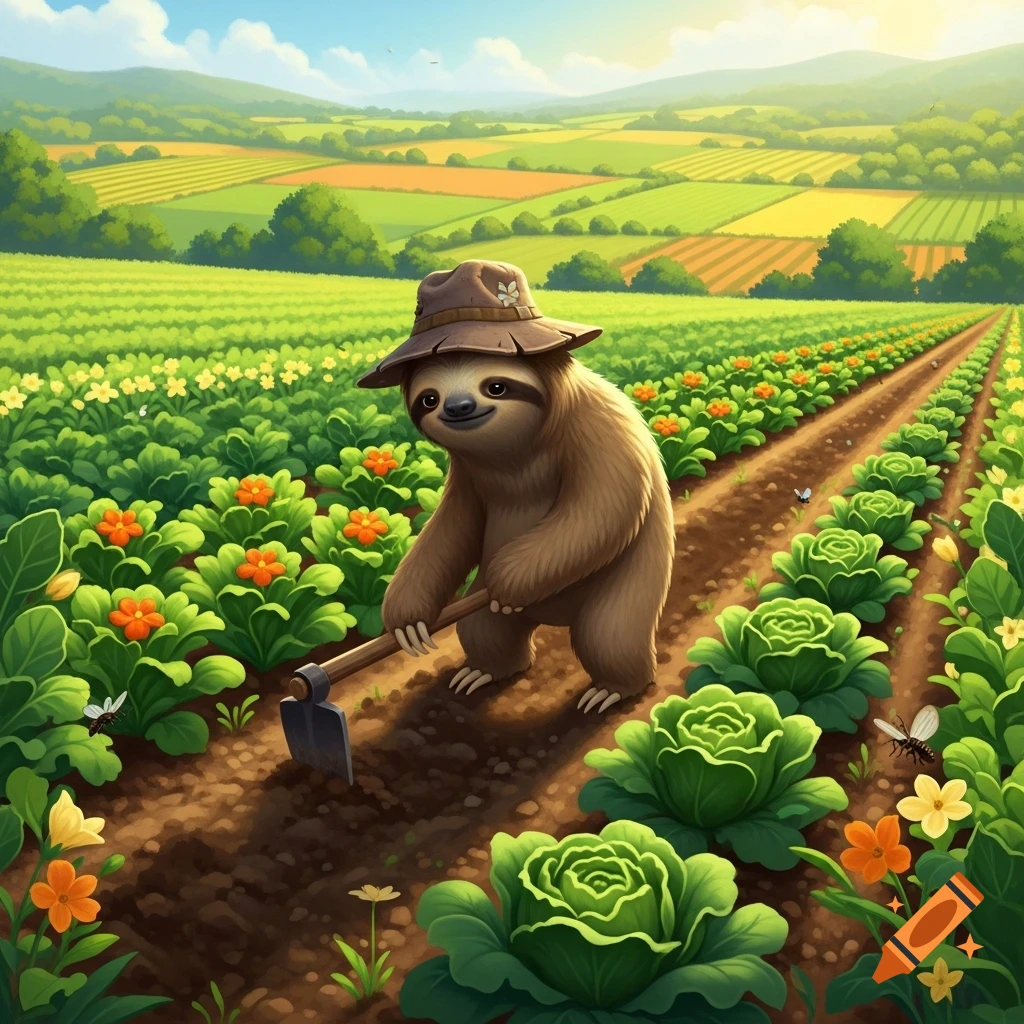 A cute cartoon sloth in a farmer's hat uses a hoe in a vibrant green field with rows of cabbage and flowers under a sunny sky.