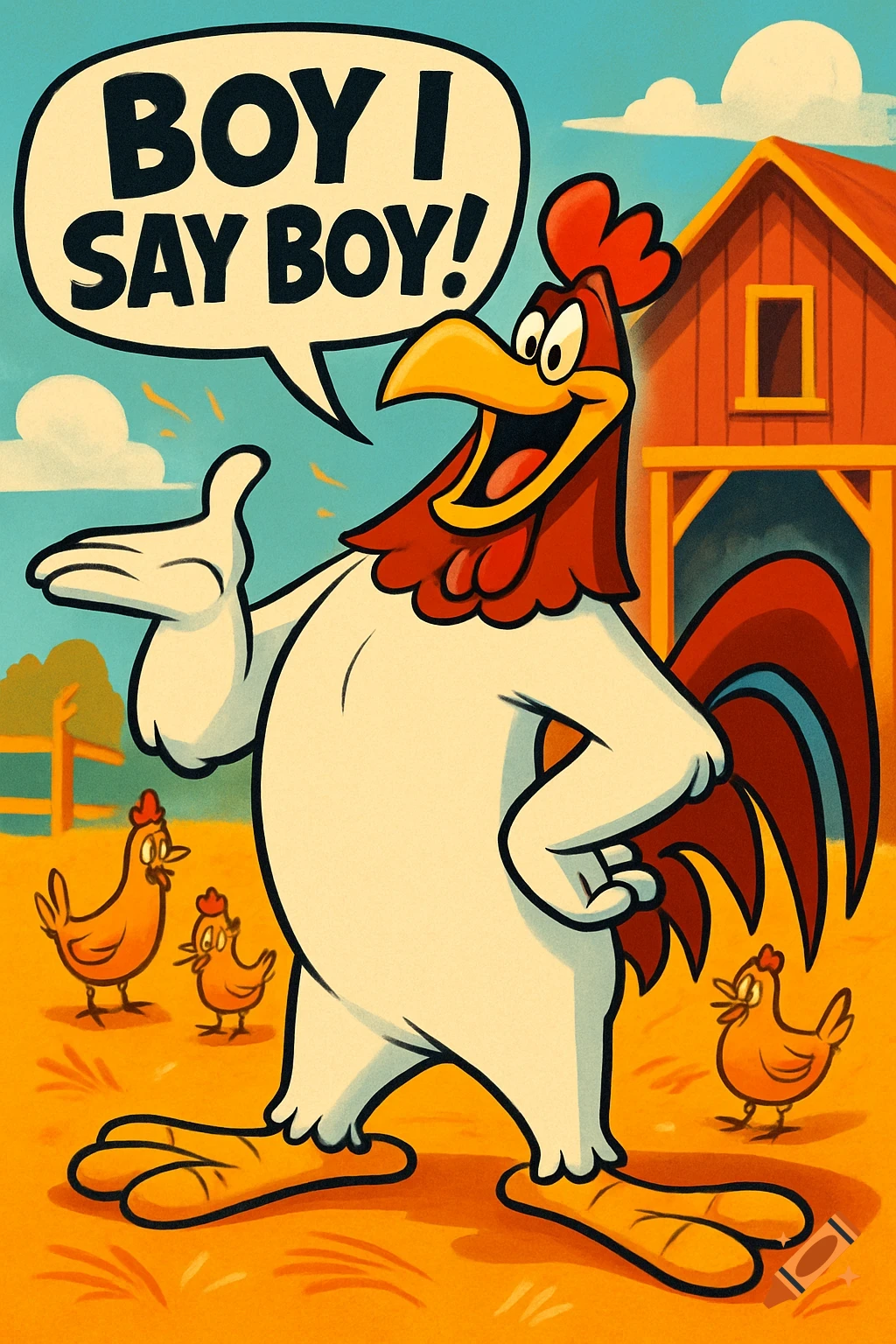 A cartoon rooster, resembling Foghorn Leghorn, stands in a barnyard, with a speech bubble saying "BOY I SAY BOY!". Smaller chickens are in the background.