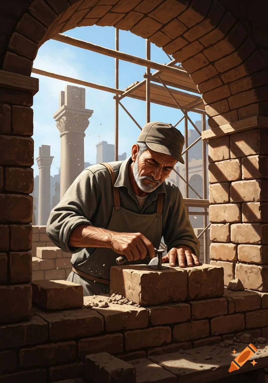 A skilled, grey-bearded mason lays bricks in an arched window, with ancient ruins and scaffolding visible under a clear sky.